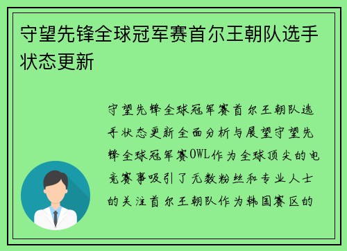 守望先锋全球冠军赛首尔王朝队选手状态更新